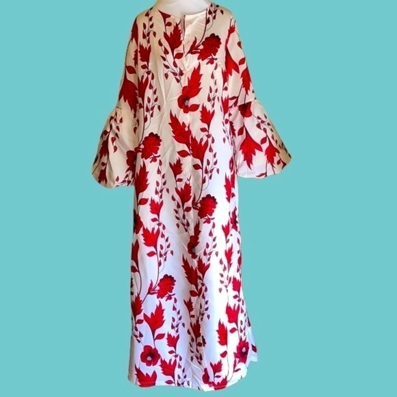 Red Floral White Maxi Dress Caftan Long Ballon Sleeve Caftan‎ Dress 2XL Vacay - Picture 1 of 12